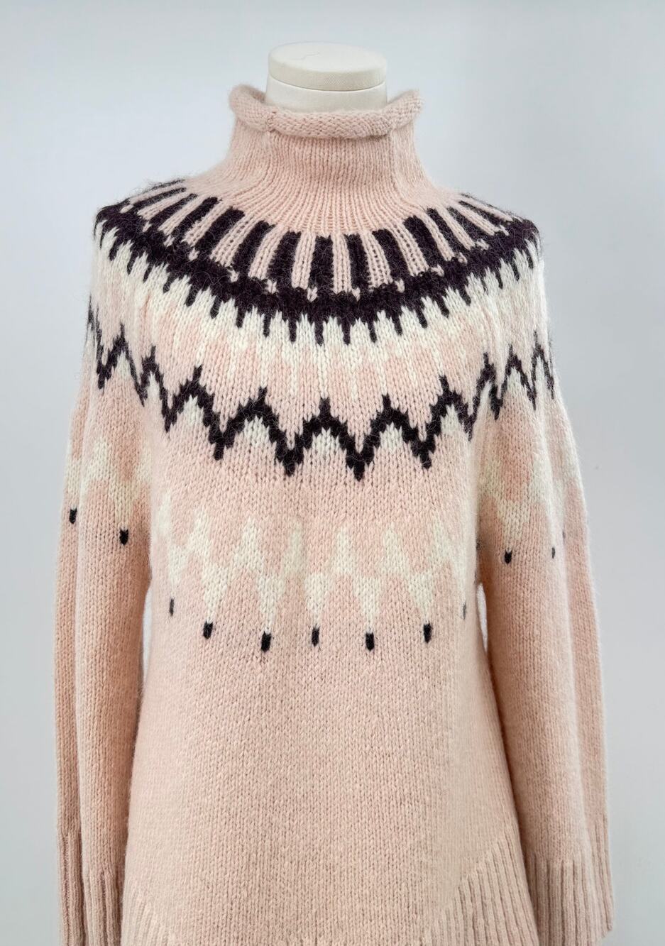 ALC Pink Ruby Fair Isle Alpaca Wool Rollneck Sweater Oversized Funnel Neck M